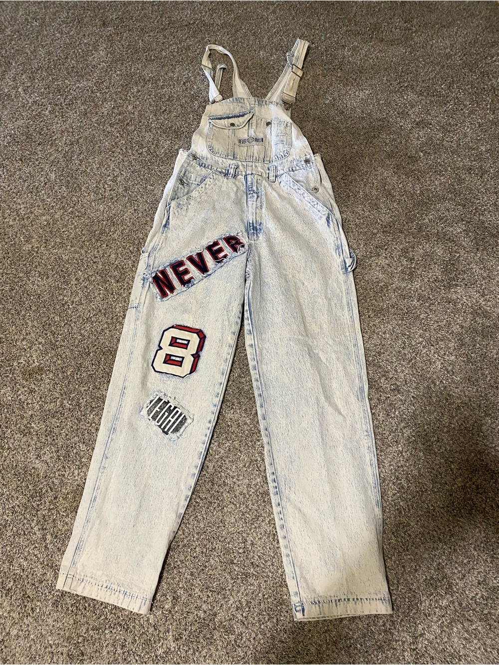 Vintage Sergio Never Legal Acid Wash Graphic Patched Denim Overalls - Size M